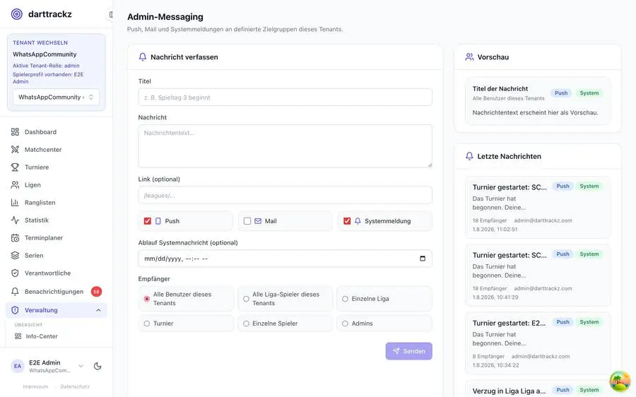 Admin-Messaging in darttrackz