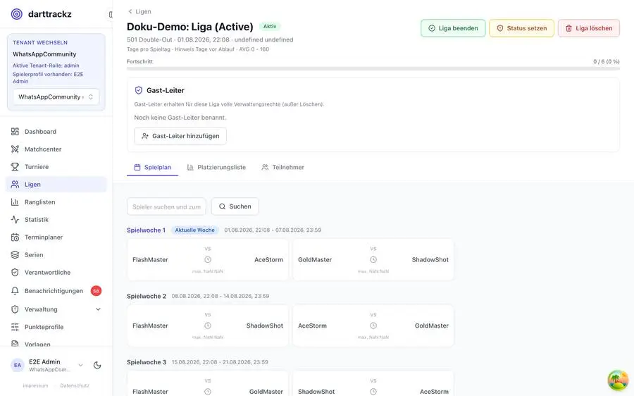 Liga-Spielplan in darttrackz