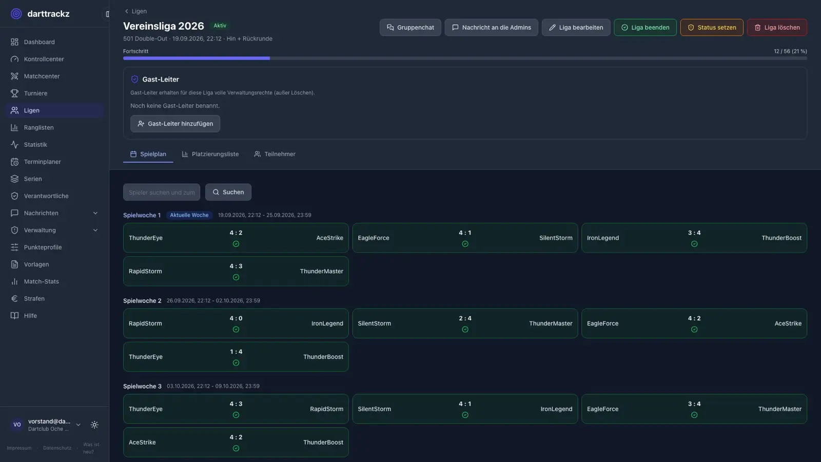 Liga-Spielplan in darttrackz